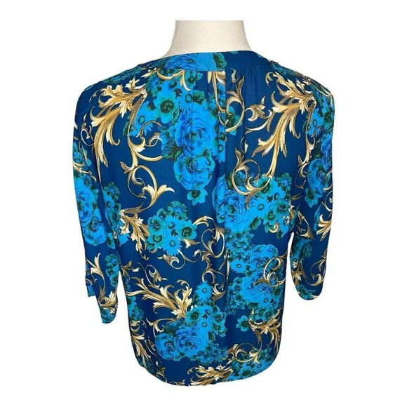 New York & Company 7th Avenue Women’s Small Blue & Gold V-Neck Blouse - Picture 3 of 6